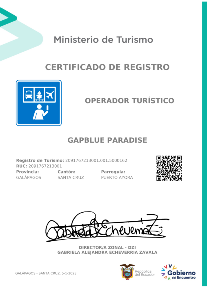 Agencia de viajes registrada en el ministerio de turismo del Ecuador y la provincia de Galapagos